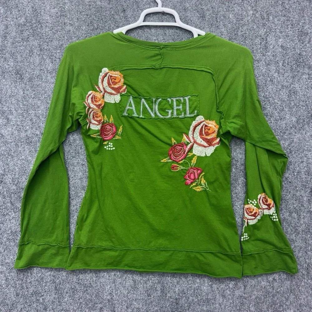 JW Los Angeles green blouse top embroidered roses women's Large w/ small stain - Picture 2 of 10
